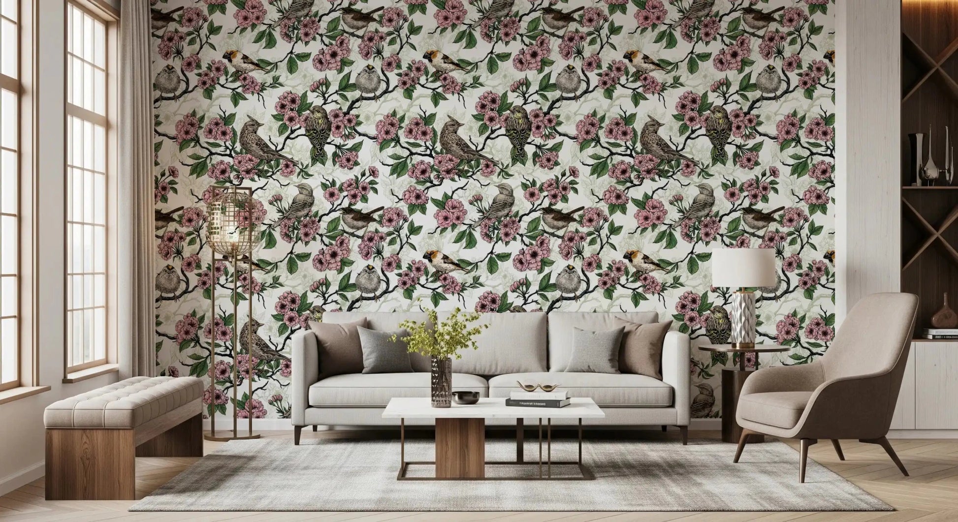 Living area lifted by garden-style florals from the Cherry Blossom White range, GD9086