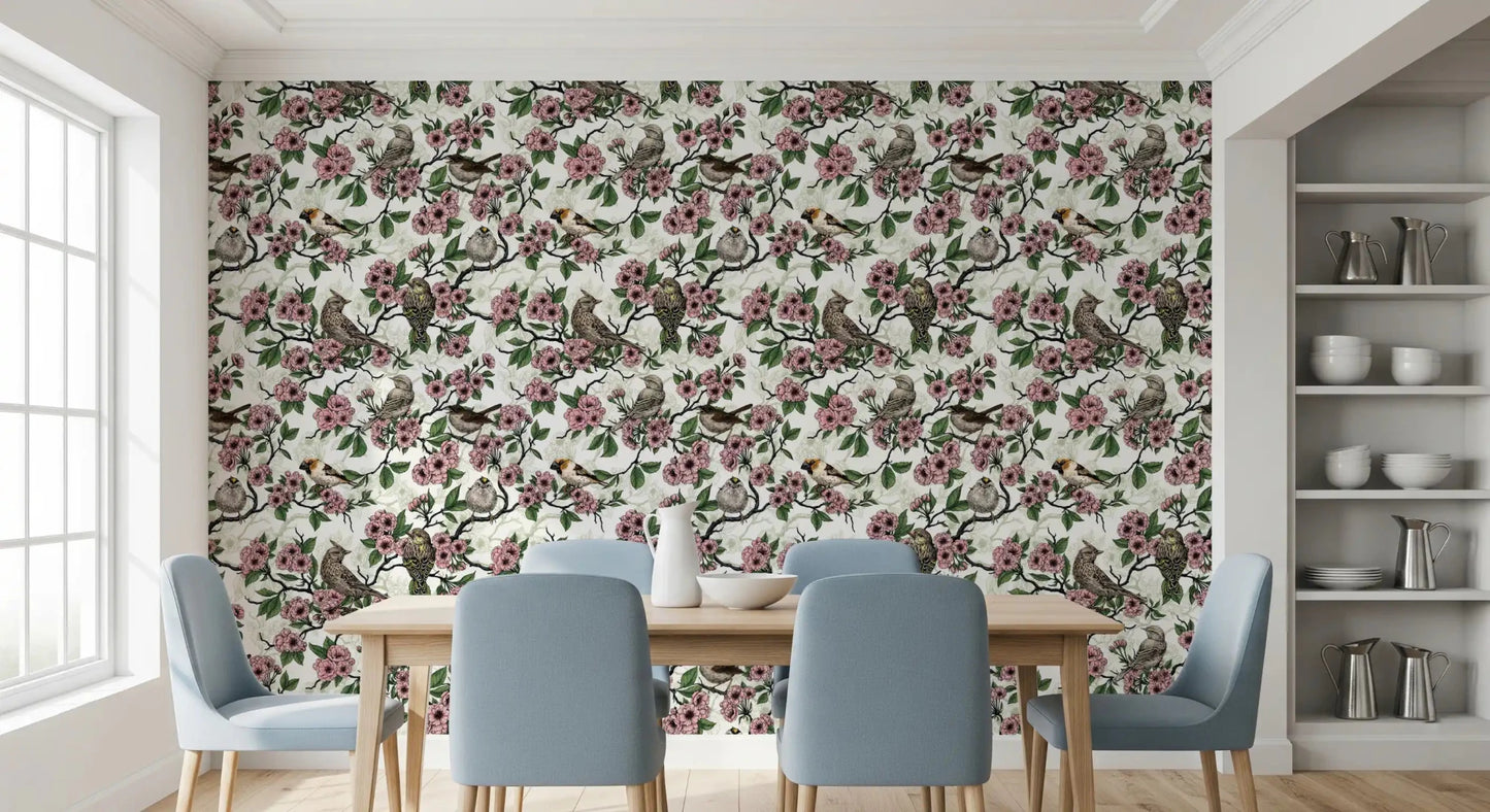 Up-close detail of finches and pink blooms in the Cherry Blossom White pattern, GD9086