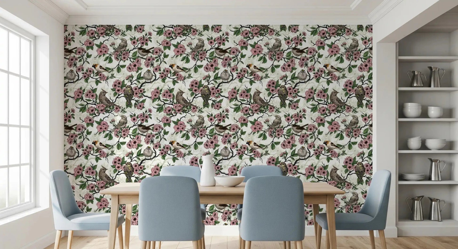 Up-close detail of finches and pink blooms in the Cherry Blossom White pattern, GD9086