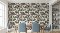 Up-close detail of finches and pink blooms in the Cherry Blossom White pattern, GD9086