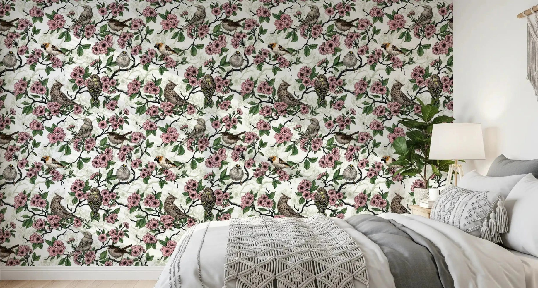 Bedroom feature finished in Birds and Cherry Blossom on White wallpaper, GD9086