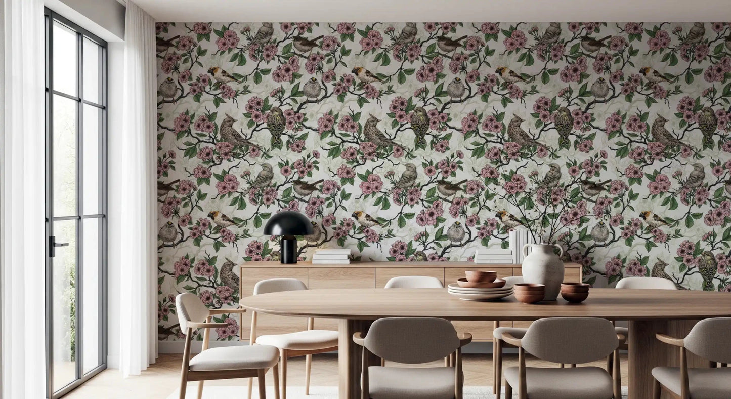 Crisp white ground holding sketched songbirds and cherry branches in this floral repeat, GD9086