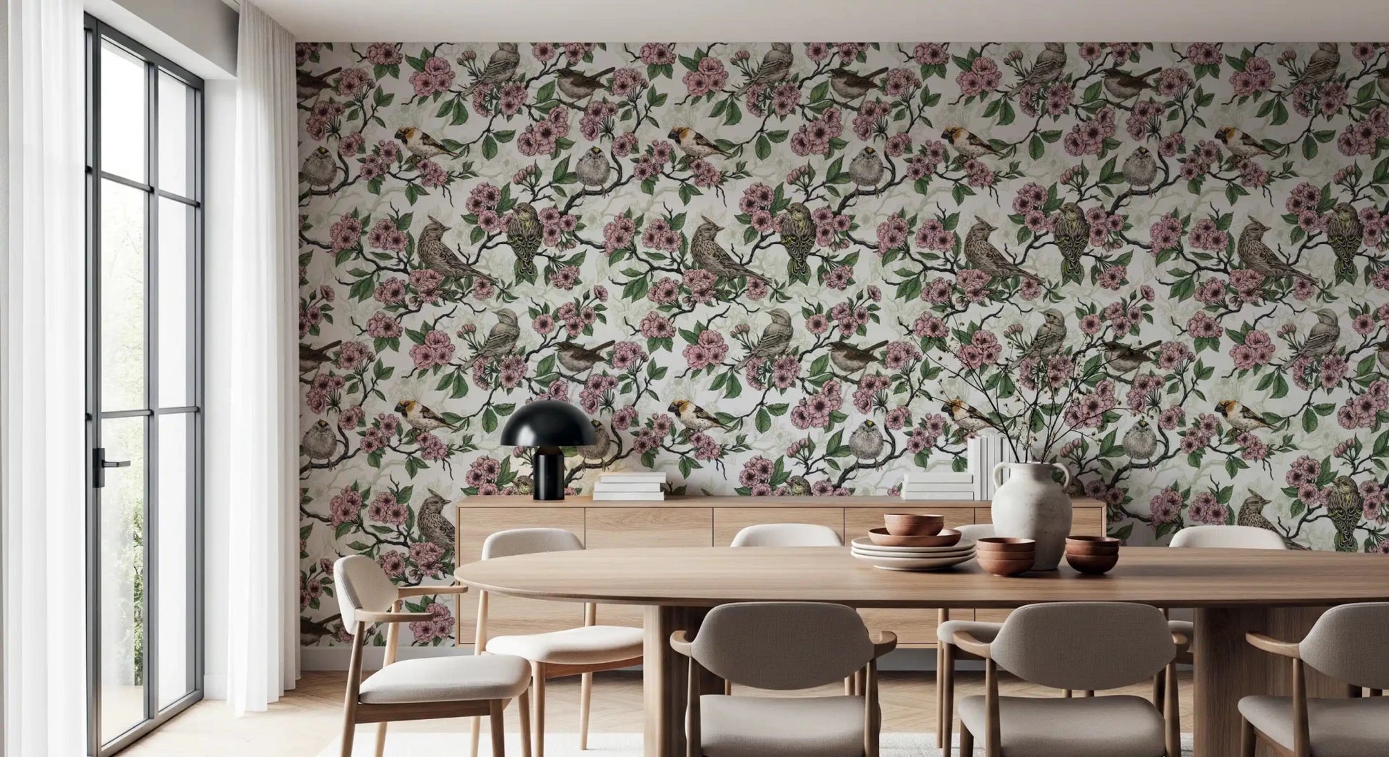 Crisp white ground holding sketched songbirds and cherry branches in this floral repeat, GD9086