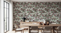 Crisp white ground holding sketched songbirds and cherry branches in this floral repeat, GD9086