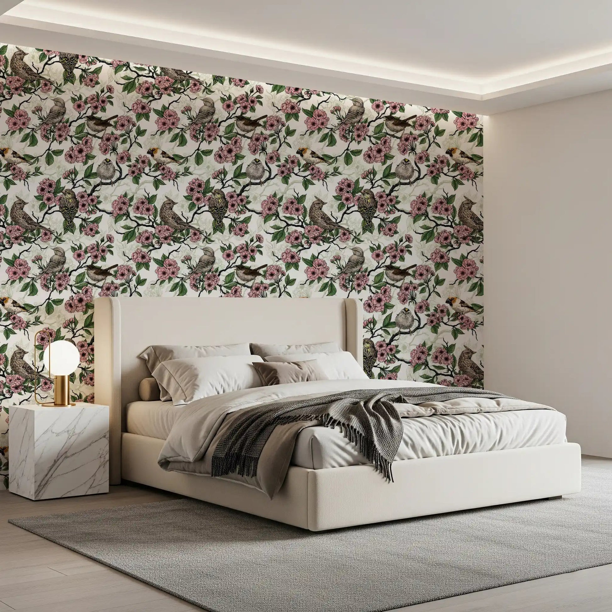 Cozy bedroom corner brightened by green leaves and pink florals on a white ground, GD9086
