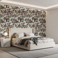 Cozy bedroom corner brightened by green leaves and pink florals on a white ground, GD9086