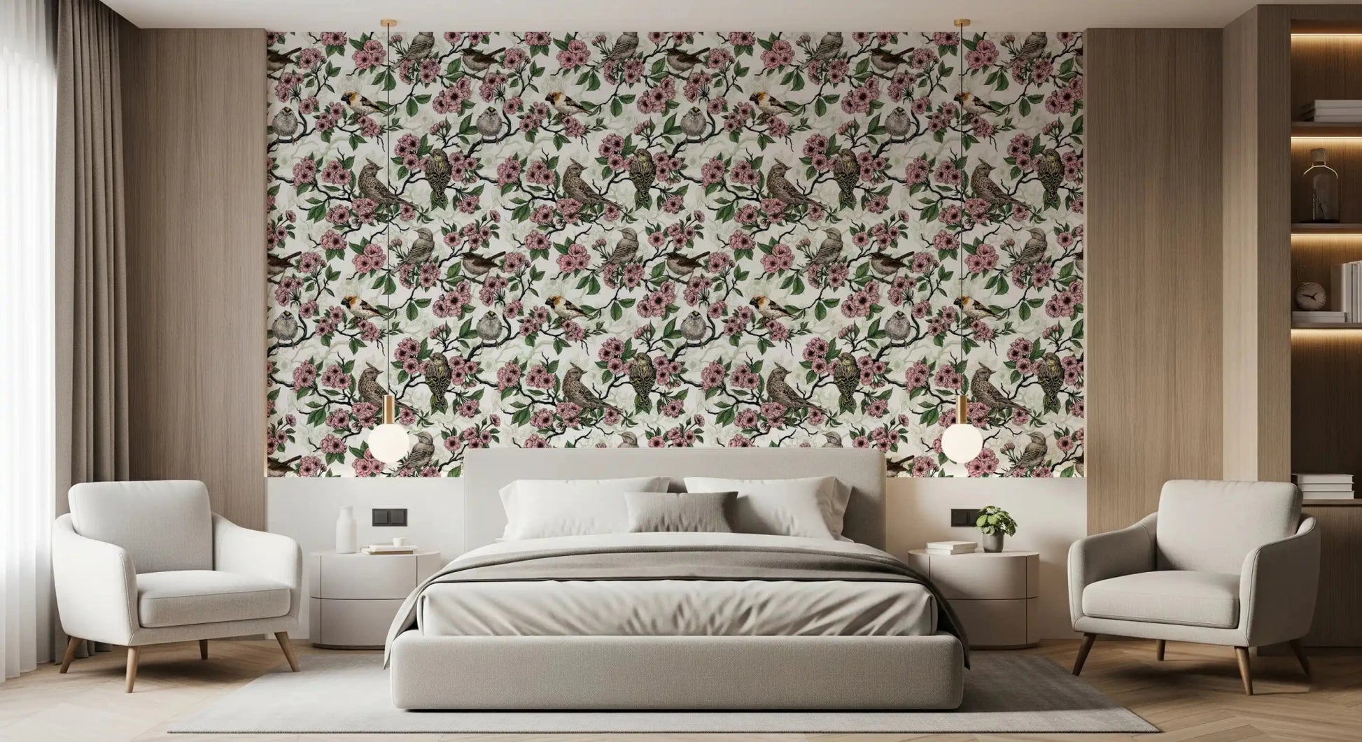 Bedroom styled with the Birds and Cherry Blossom White wallpaper repeat, GD9086