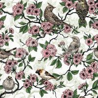 Perched birds set among soft pink blooms across the Cherry Blossom White colorway, GD9086