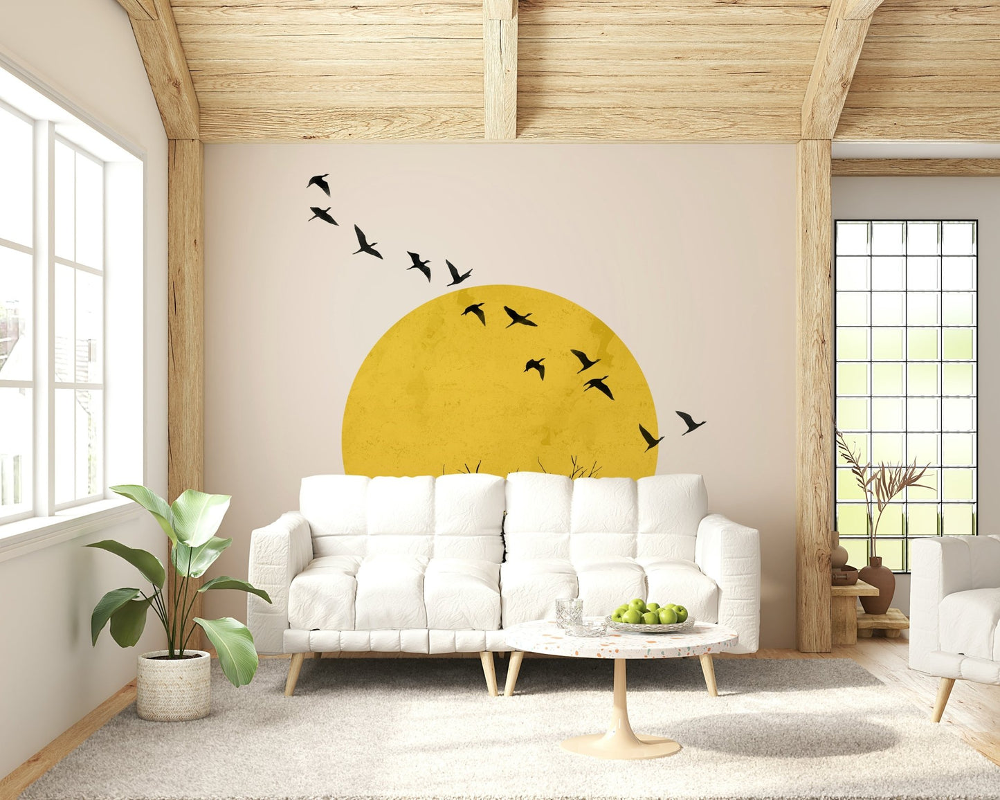 Artistic landscape wall mural for a minimalist apartment living space.