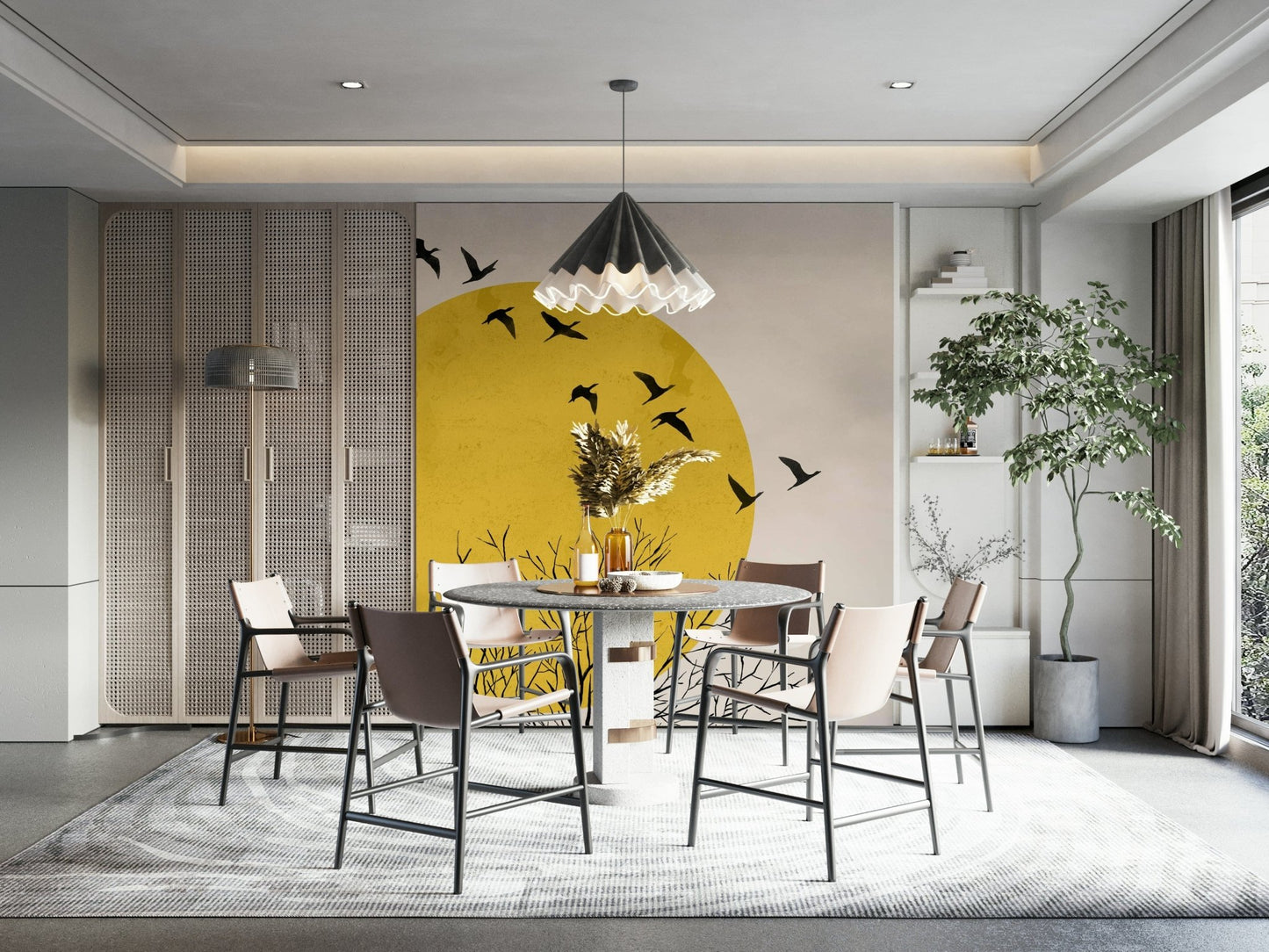 Birds at Sunrise wallpaper on a feature wall in a dining area.