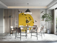 Birds at Sunrise wallpaper on a feature wall in a dining area.