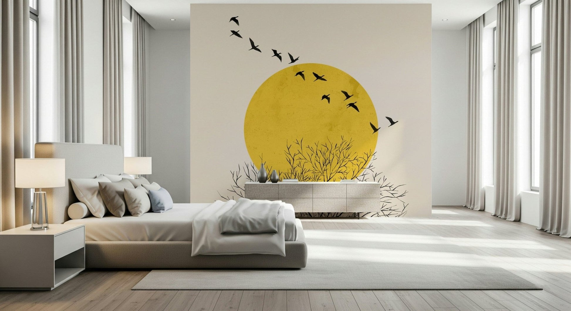 Vibrant morning sky wall mural for a bright and airy hallway.