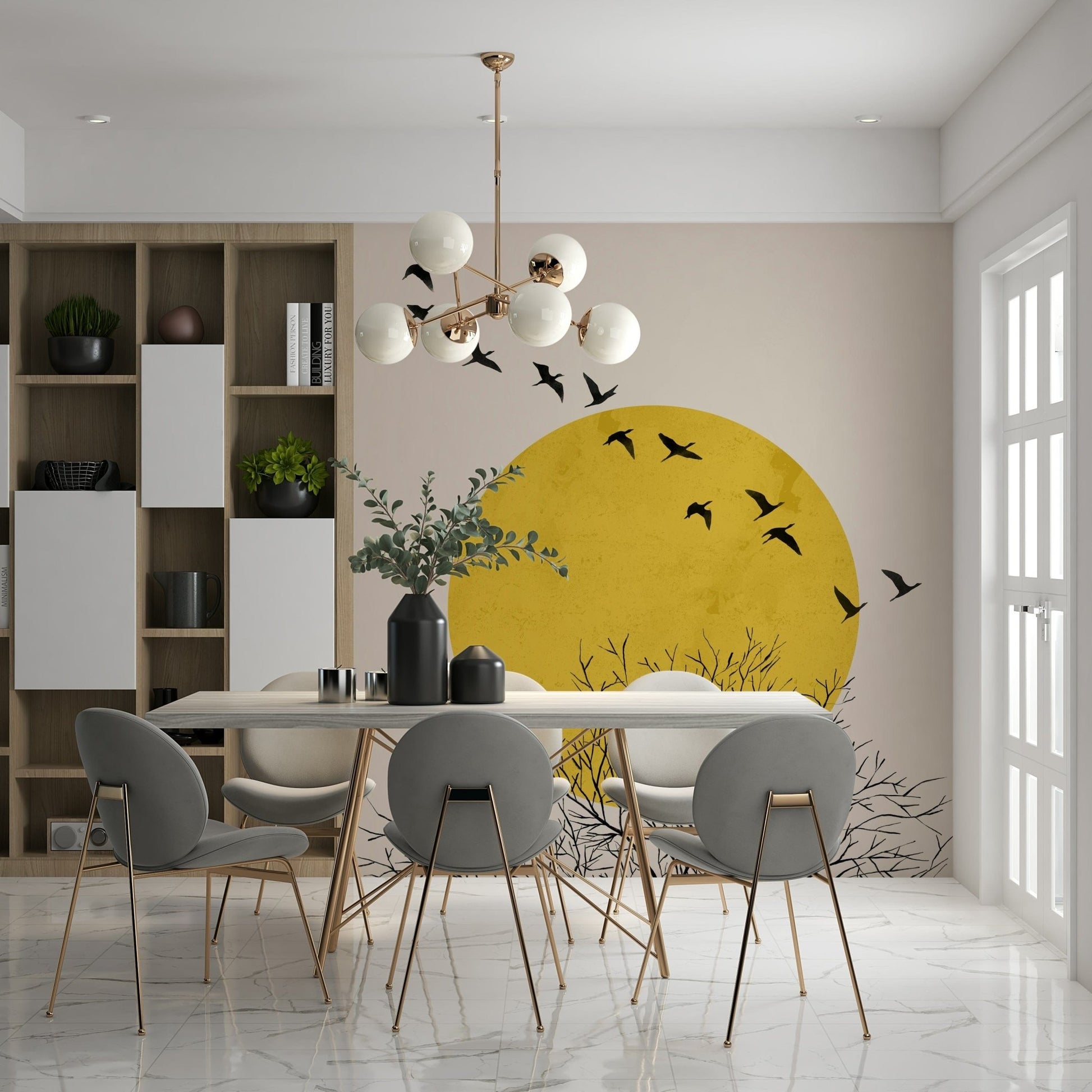 Nature inspired wall mural with bird silhouettes for a home office.