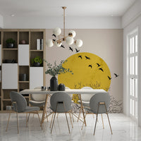 Nature inspired wall mural with bird silhouettes for a home office.