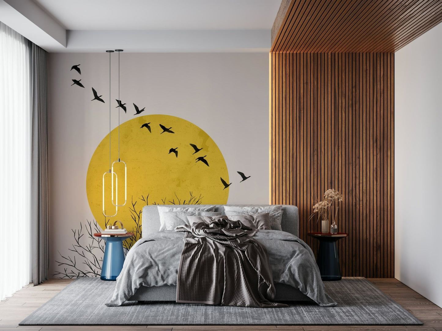 Scenic avian wallpaper featuring a golden sky in a bedroom.