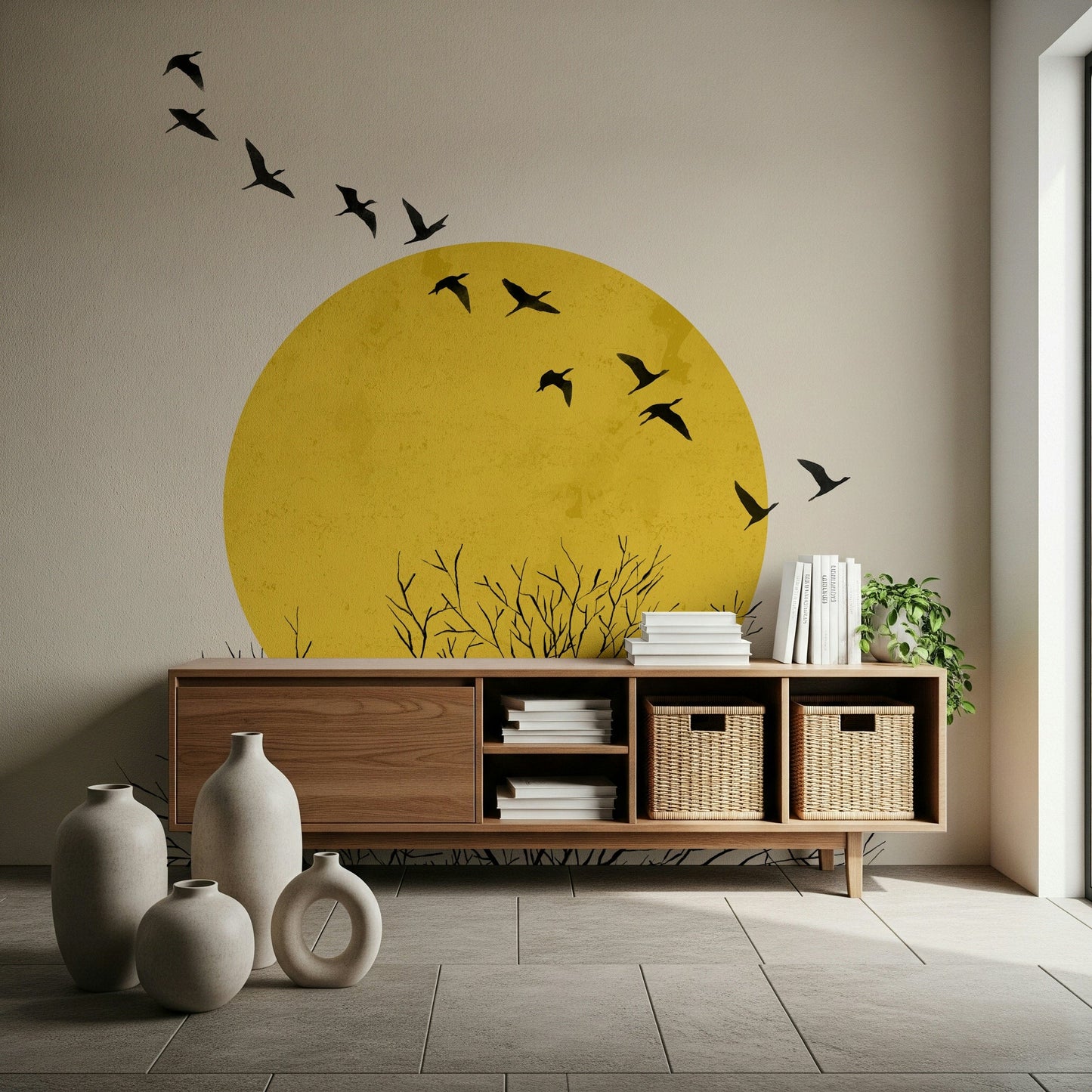Birds at Sunrise wall mural in a modern living room with warm light.