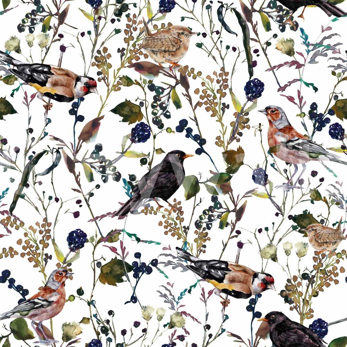 Birds & Berries Wintry Watercolor, lush garden pattern, timeless wall decor., GD7173