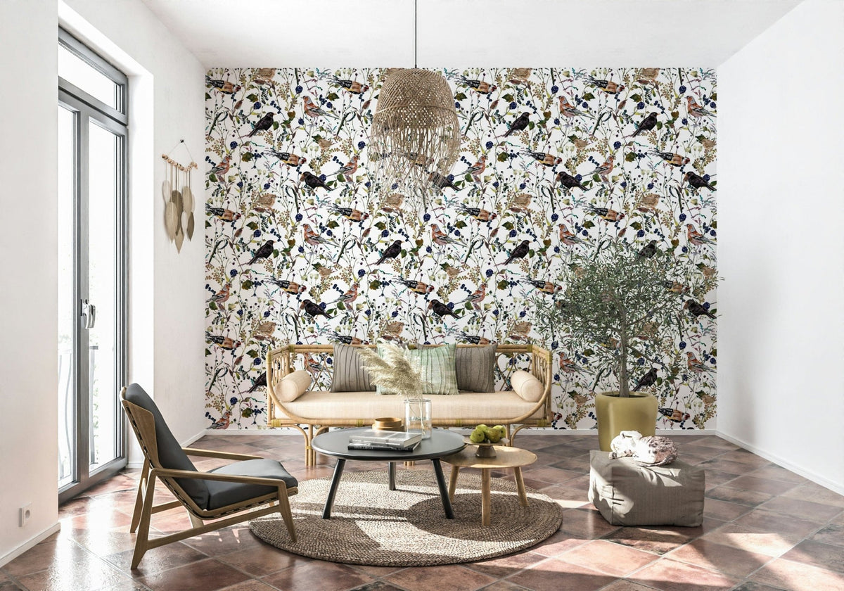 Seasonal Birds & Berries Wintry Watercolor wallcovering, blackbird, goldfinch art., GD7173