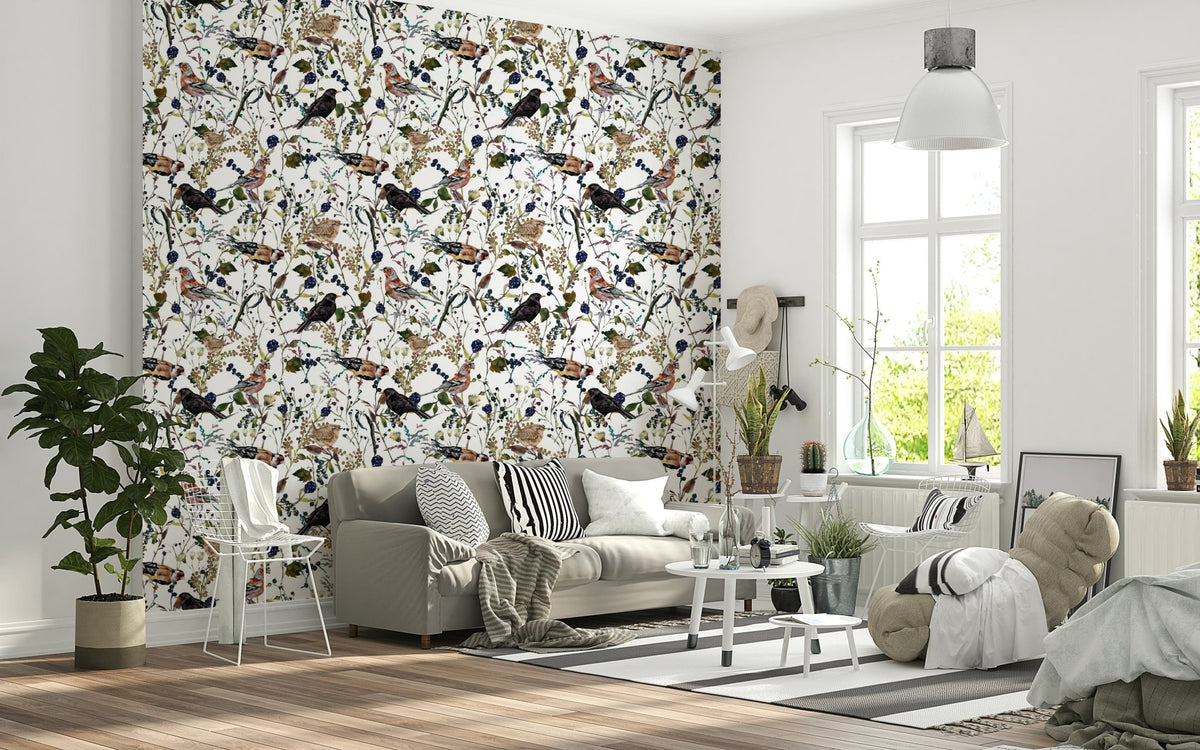 Elegant Birds & Berries Wintry Watercolor wallpaper, dark botanical aesthetic., GD7173
