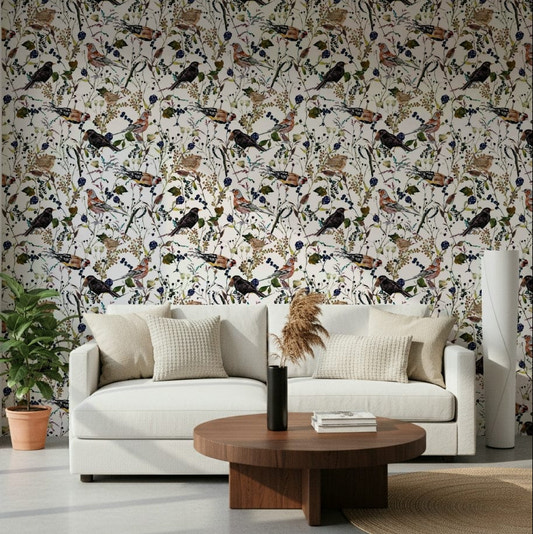 Birds & Berries Wintry Watercolor wall mural, vintage forest bird illustration.