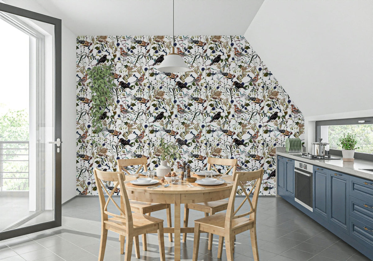 Luxury Birds & Berries Wintry Watercolor wallpaper, dark berry, small bird pattern., GD7173