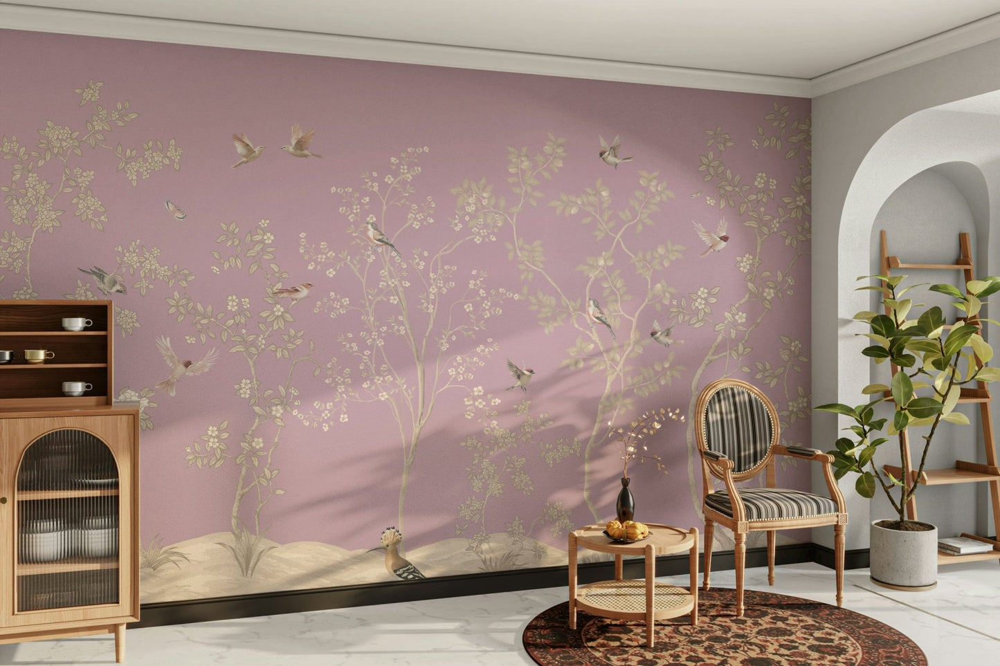 An elegant wall mural with a pattern of birds and flowers.

