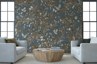 Horizontal design of the serene Birds & Blooms Harmony Wall Mural.