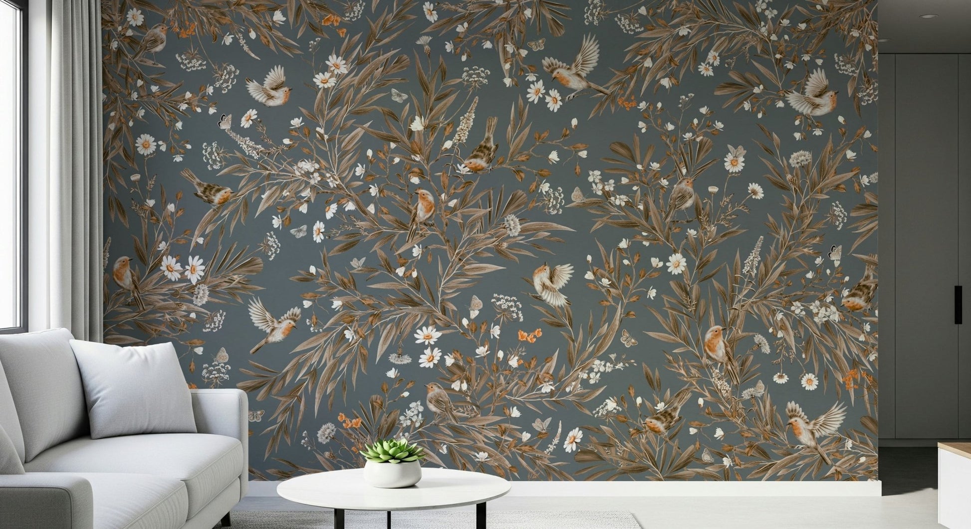 Gentle botanical pattern in the Birds & Blooms Harmony Wall Mural.