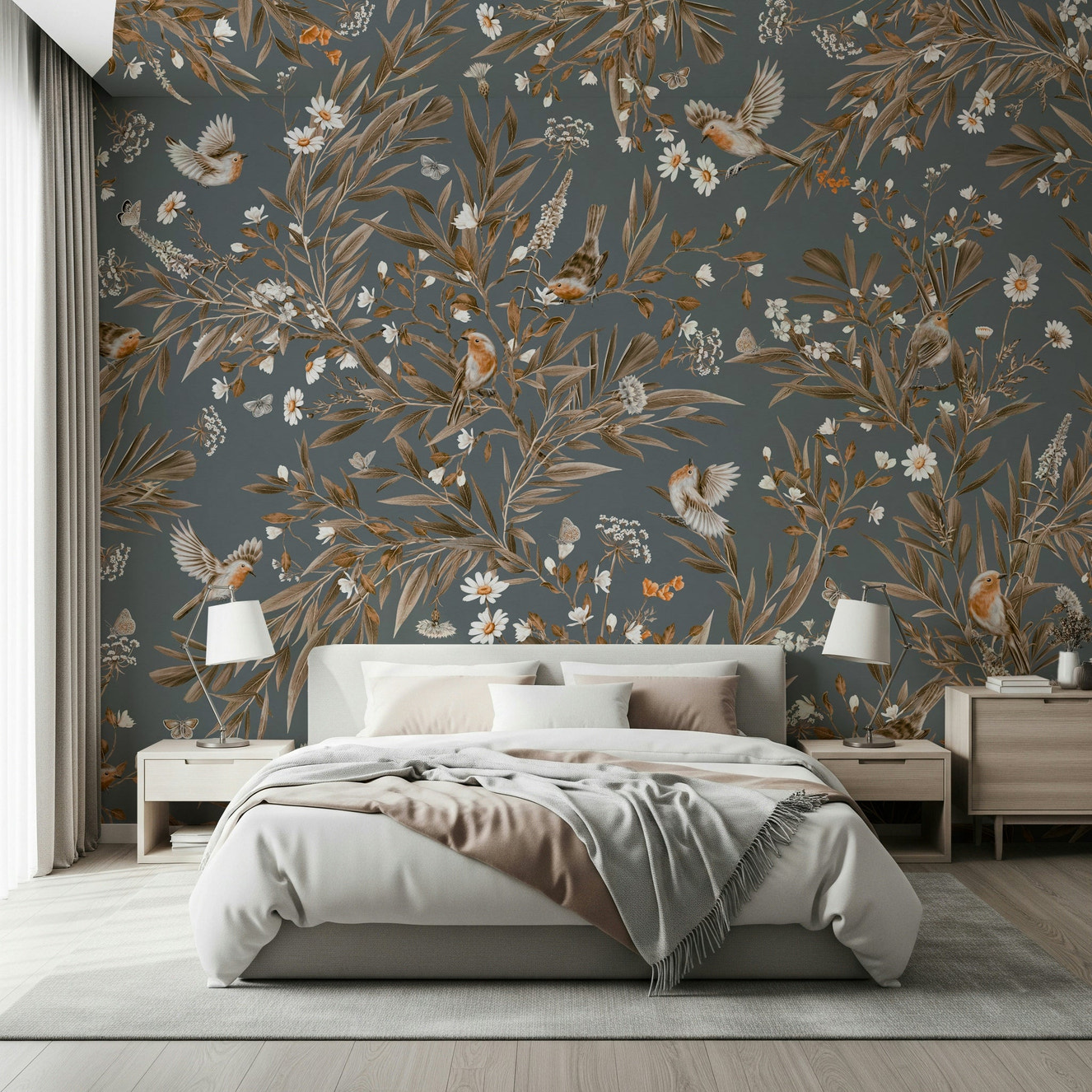 Birds & Blooms Harmony Wall Mural in a restful master suite.