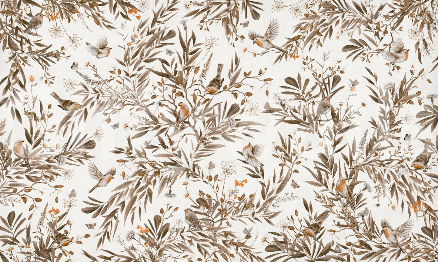 Historical etching look of the Birds & Blooms Sepia Serenity Wall Mural.