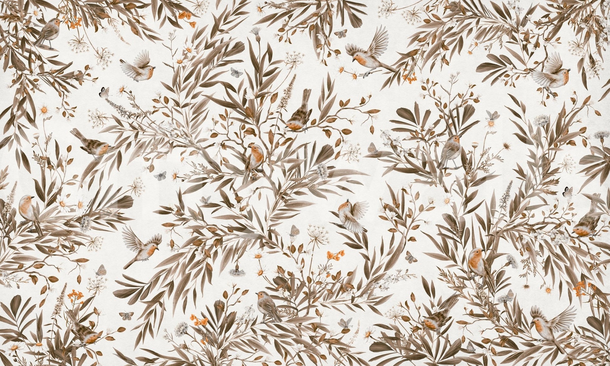 Historical etching look of the Birds & Blooms Sepia Serenity Wall Mural.