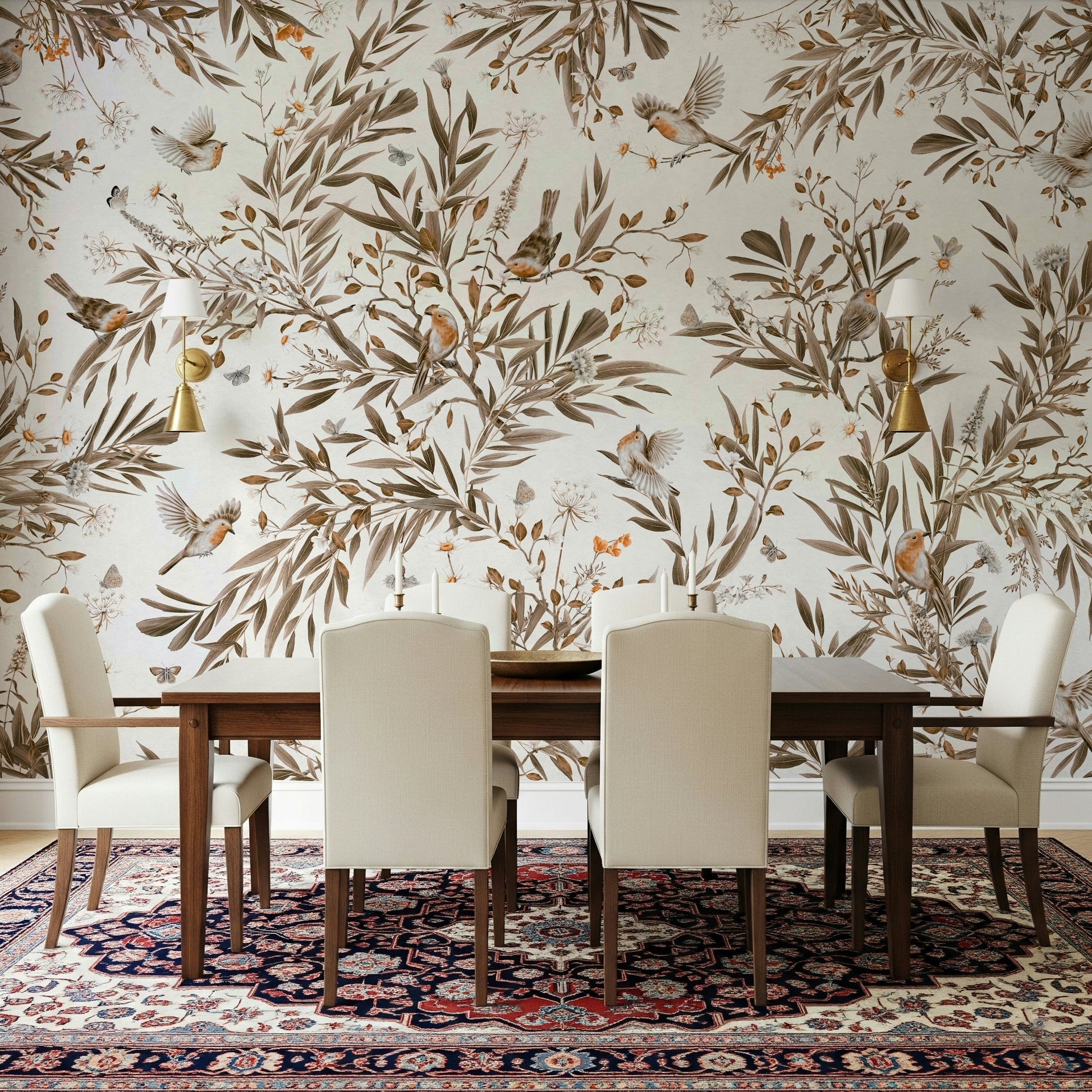 Accent wall featuring the inspiring Birds & Blooms Sepia Serenity Wall Mural.