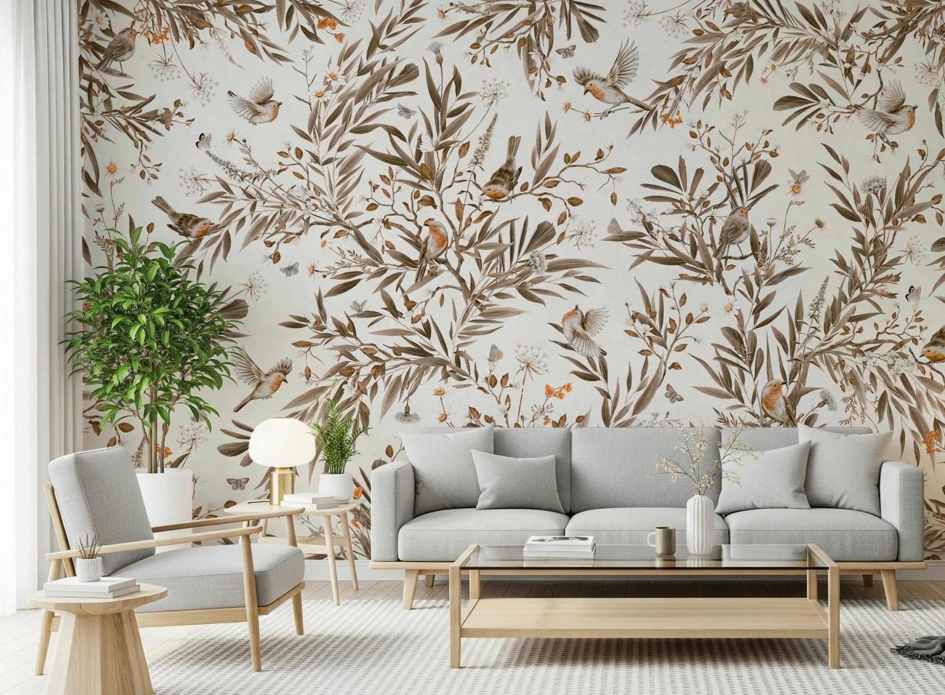 Bedroom wall accent using the subtle Birds & Blooms Sepia Serenity Wall Mural.
