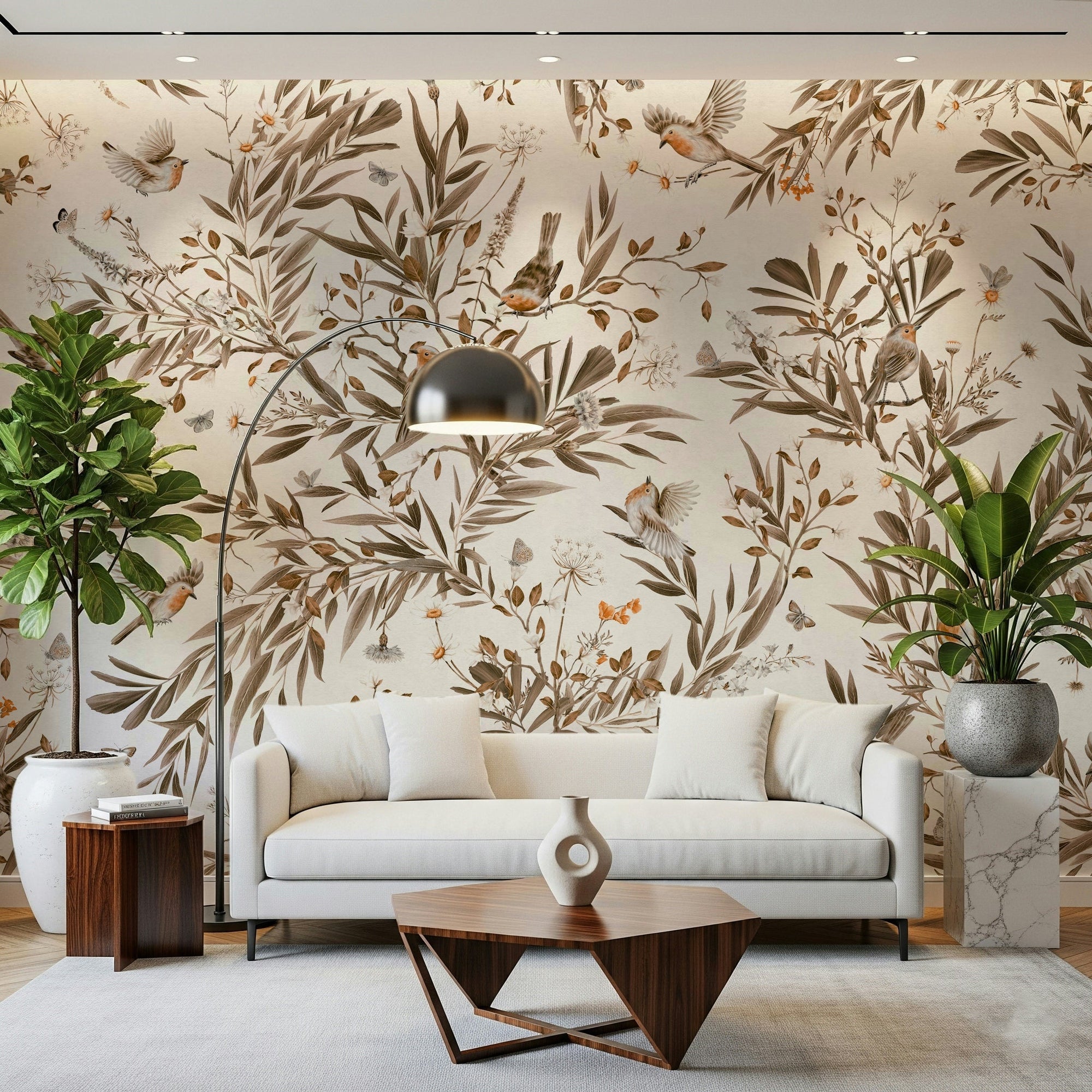 Birds & Blooms Sepia Serenity Wall Mural in a sophisticated study., GD6292