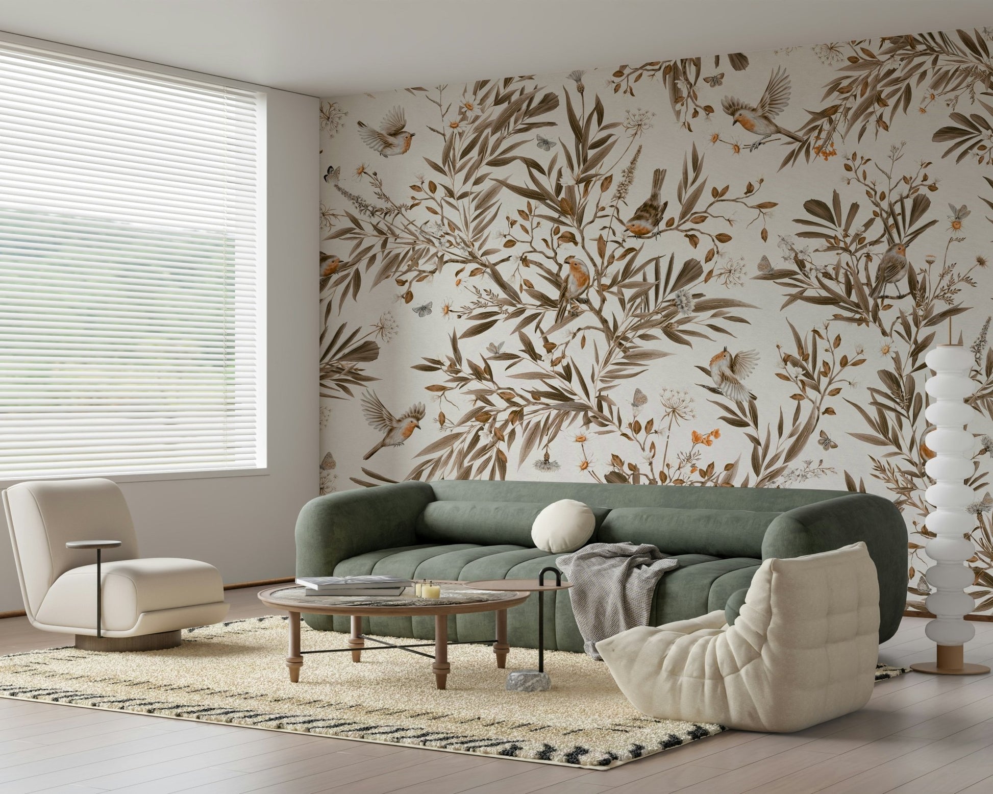 Sepia toned birds and flowers on the Birds & Blooms Sepia Serenity Wall Mural.