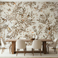 Sitting room with the elegant Birds & Blooms Sepia Serenity Wall Mural backdrop.