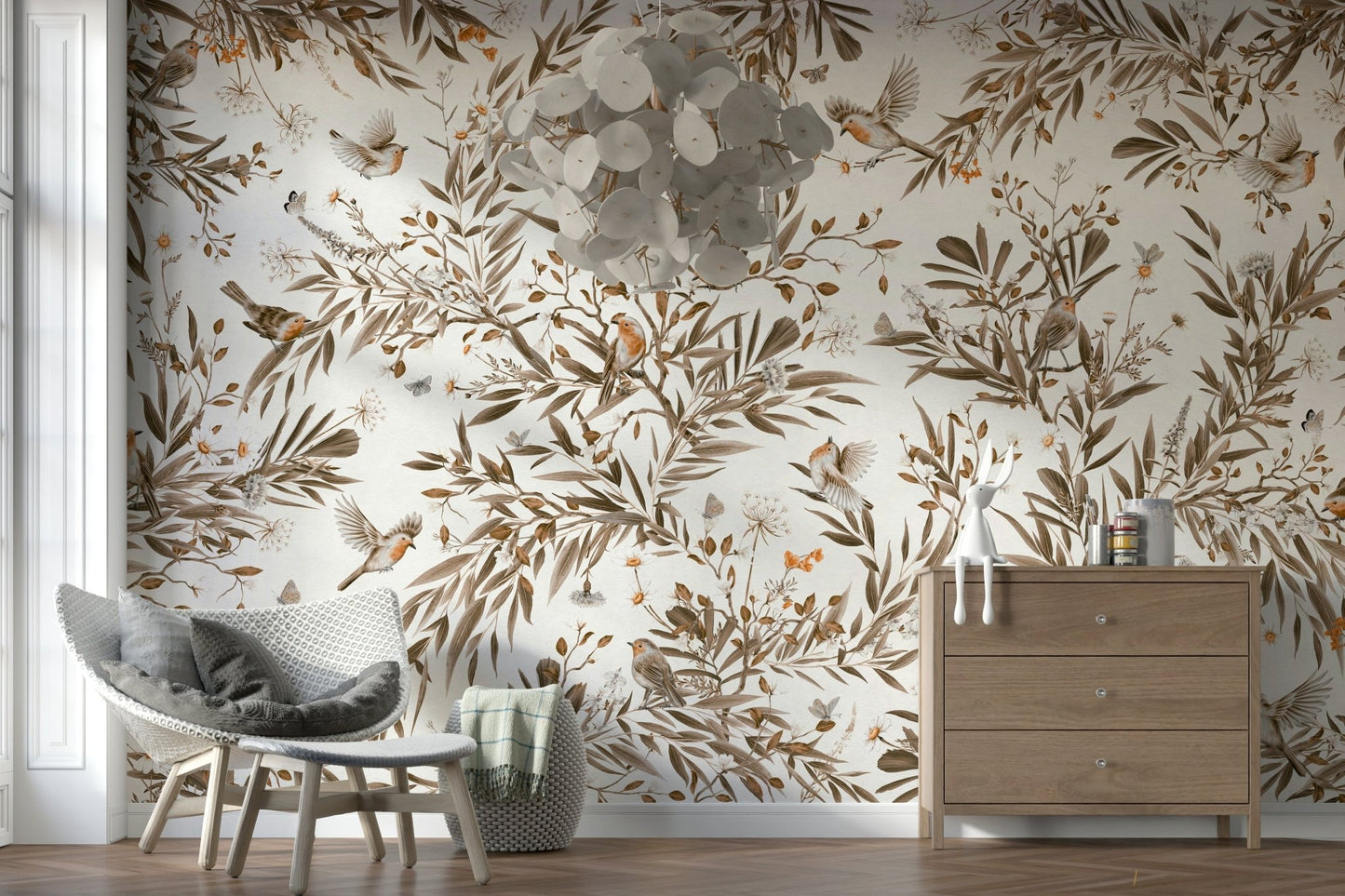Peel and stick wallpaper called Birds & Blooms Sepia Serenity Wall Mural.