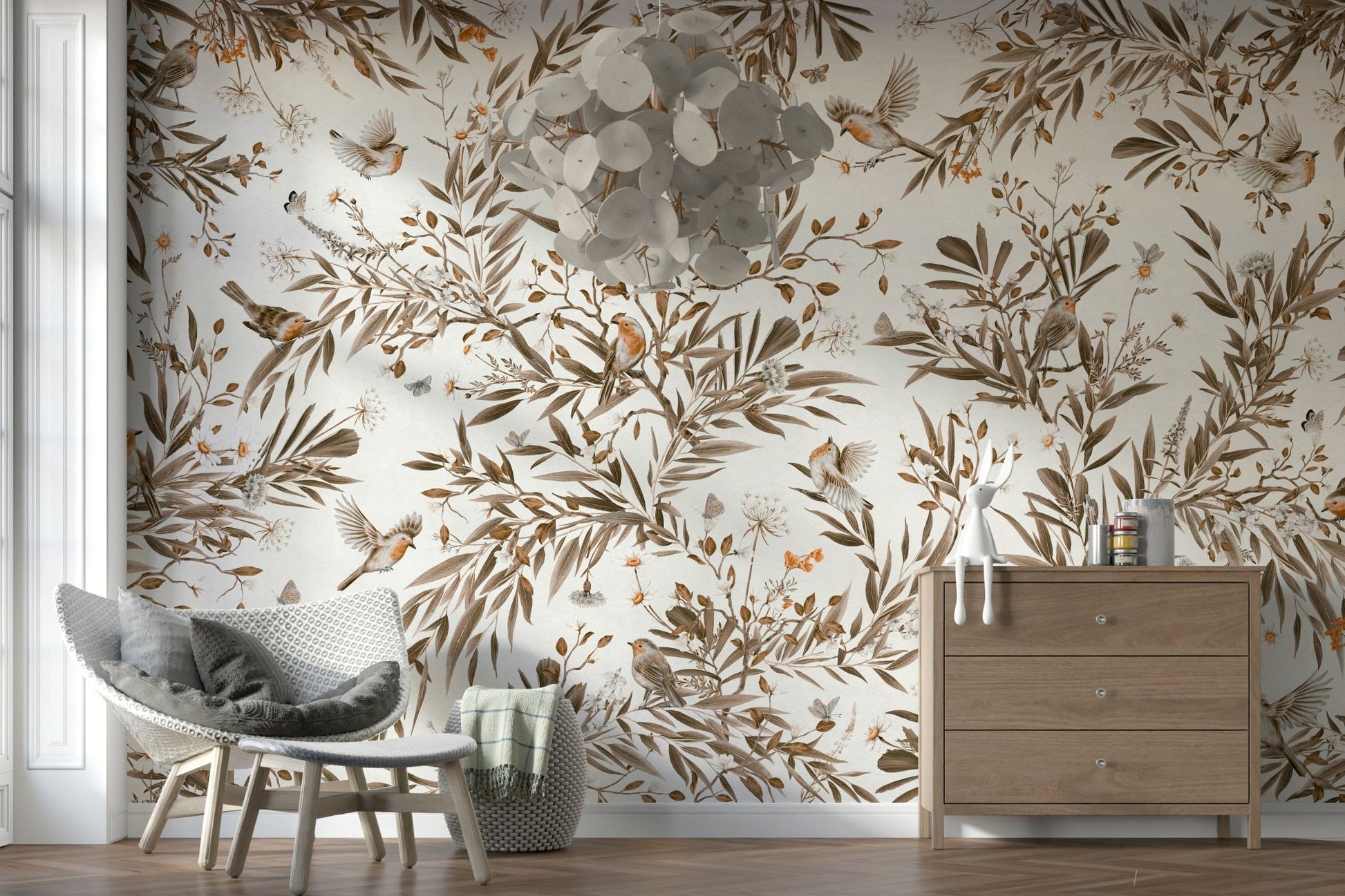 Peel and stick wallpaper called Birds & Blooms Sepia Serenity Wall Mural.