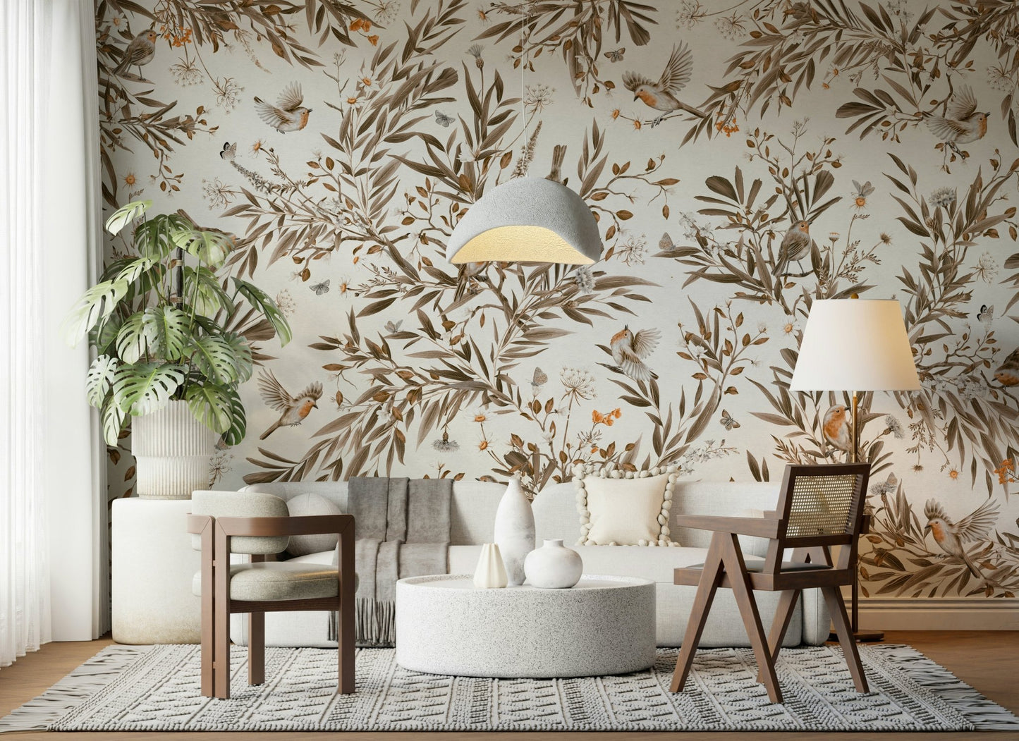 Interior space featuring the peaceful Birds & Blooms Sepia Serenity Wall Mural.