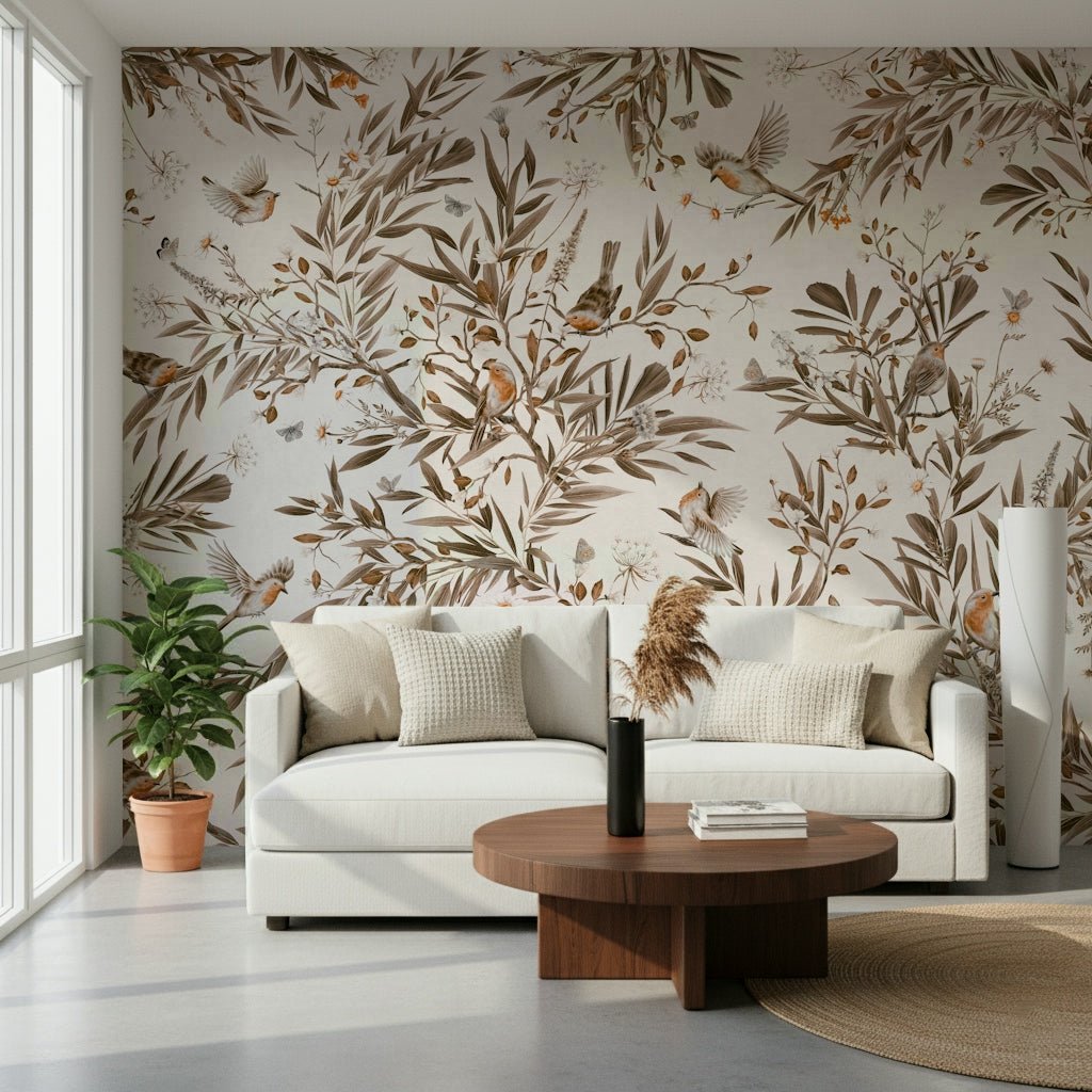 Artistic botanical pattern in the Birds & Blooms Sepia Serenity Wall Mural.