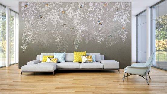 An elegant wall mural with a pattern of birds and flowers. GD4112

