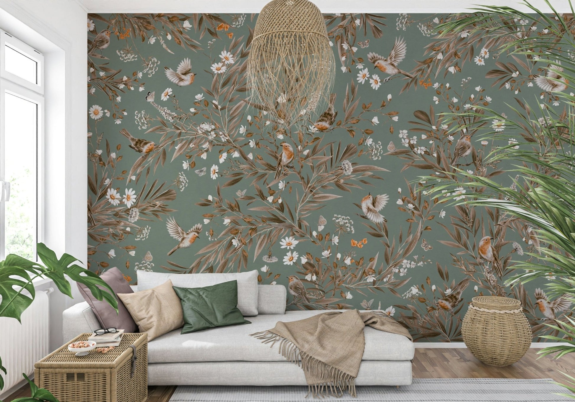 Subtle color palette of the beautiful Birds & Blooms Symphony Wall Mural design.