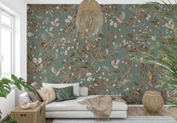 Subtle color palette of the beautiful Birds & Blooms Symphony Wall Mural design.