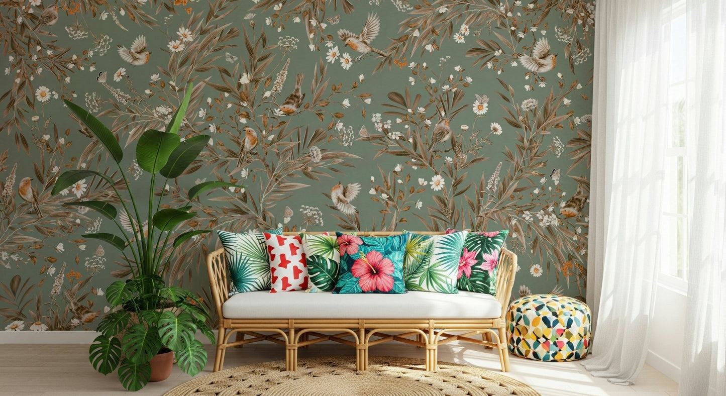 Romantic floral and fauna print on the Birds & Blooms Symphony Wall Mural.