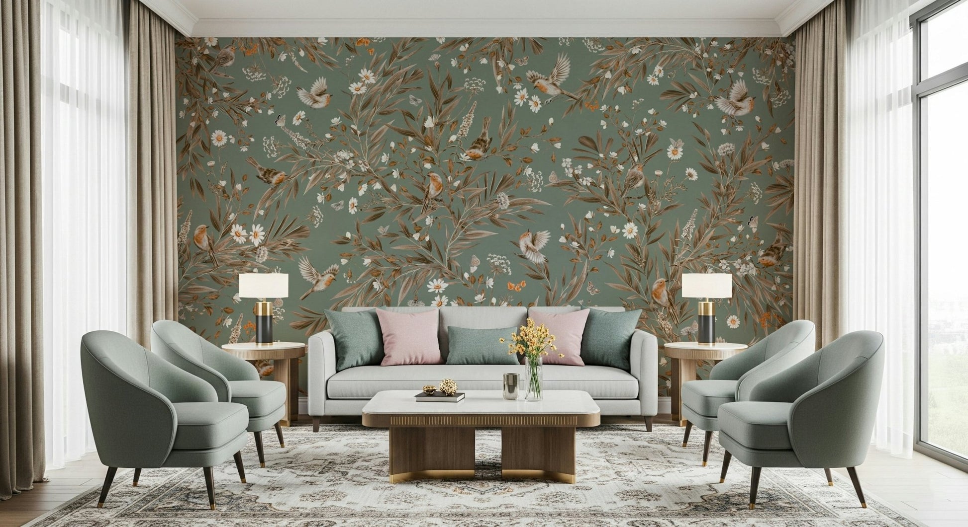 Bedroom feature wall, Birds & Blooms Symphony mural.