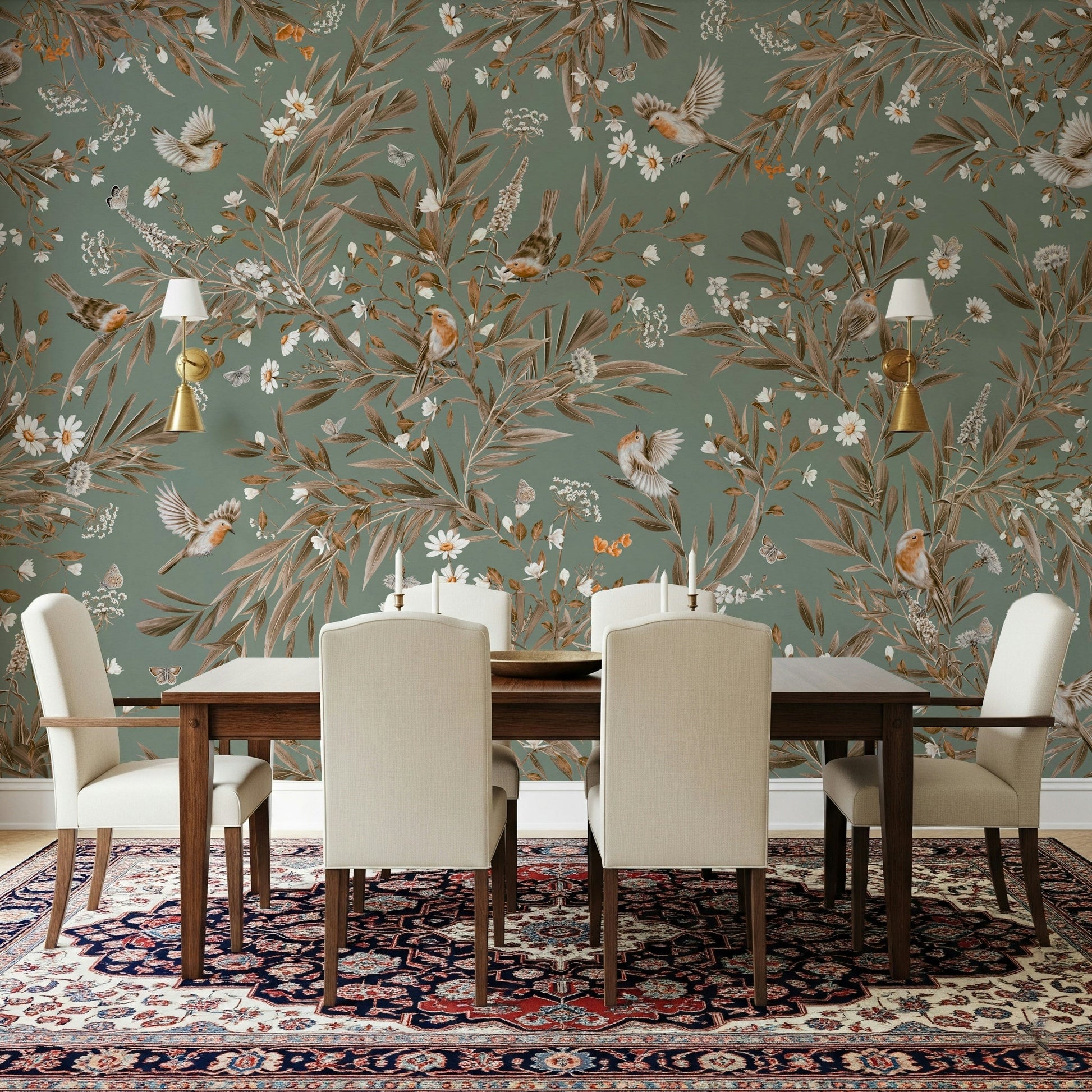 Nature inspired wallpaper for walls using the Birds & Blooms Symphony Wall Mural.