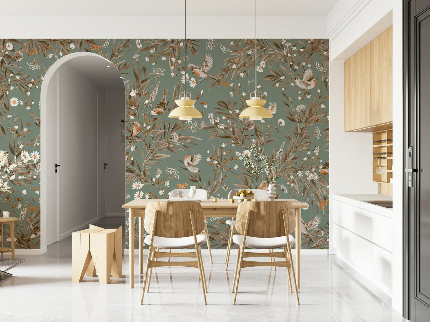 Wide room perspective featuring the calming Birds & Blooms Symphony Wall Mural.