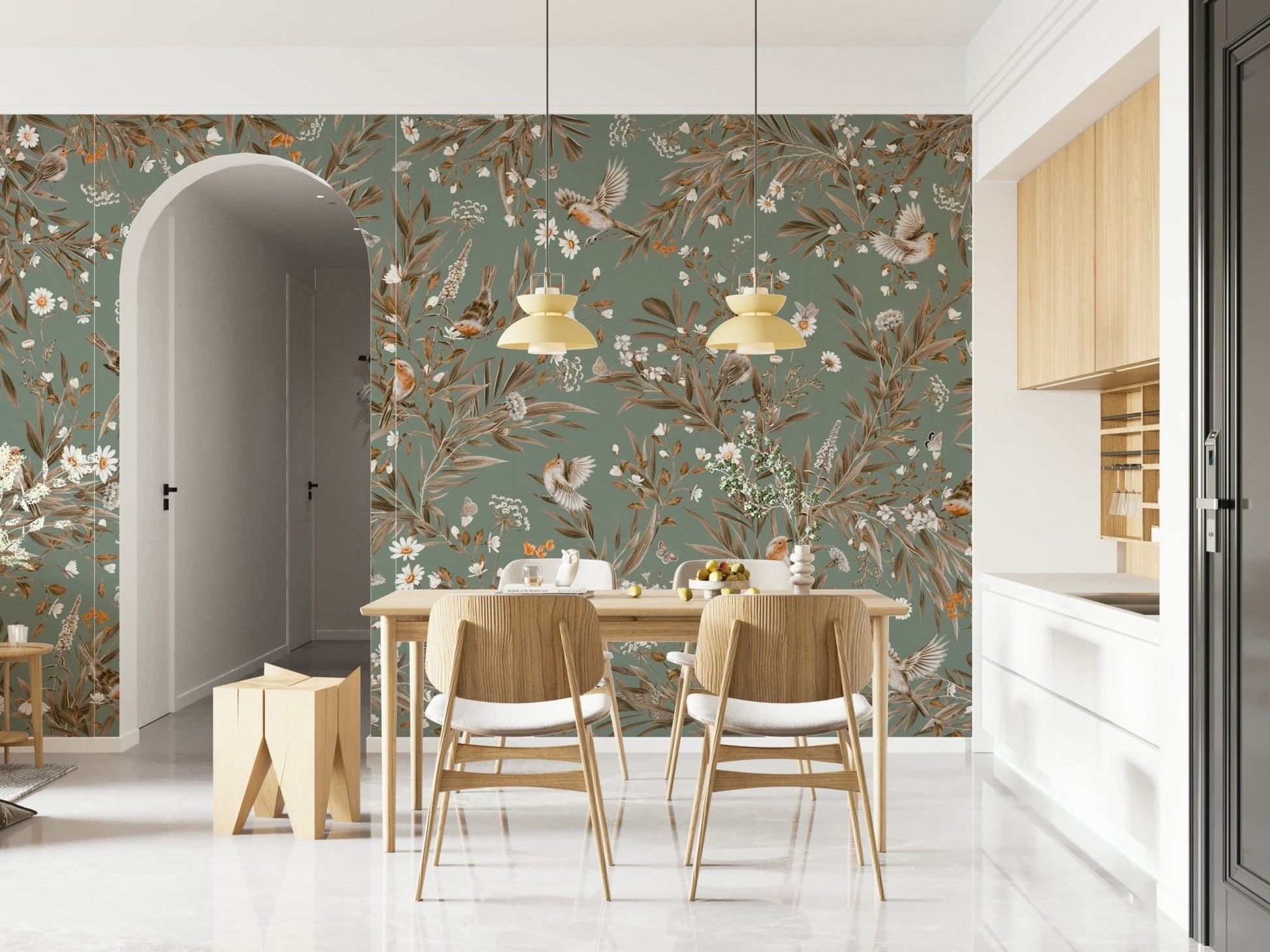 Wide room perspective featuring the calming Birds & Blooms Symphony Wall Mural.