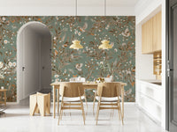 Wide room perspective featuring the calming Birds & Blooms Symphony Wall Mural.