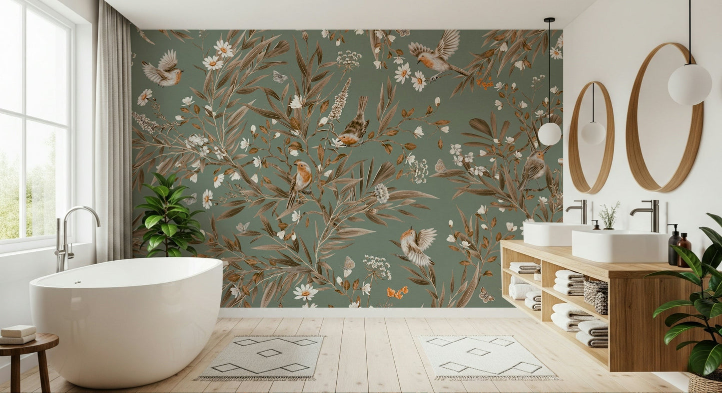 Contemporary entryway decor with the Birds & Blooms Symphony Wall Mural.